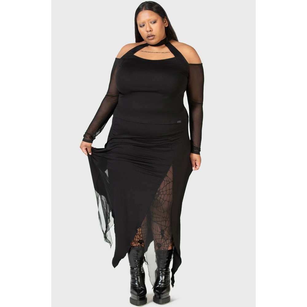 Killstar Grimmer The Better Midi Skirt 4XL Black Stretchy Handkerchief Hem NWT